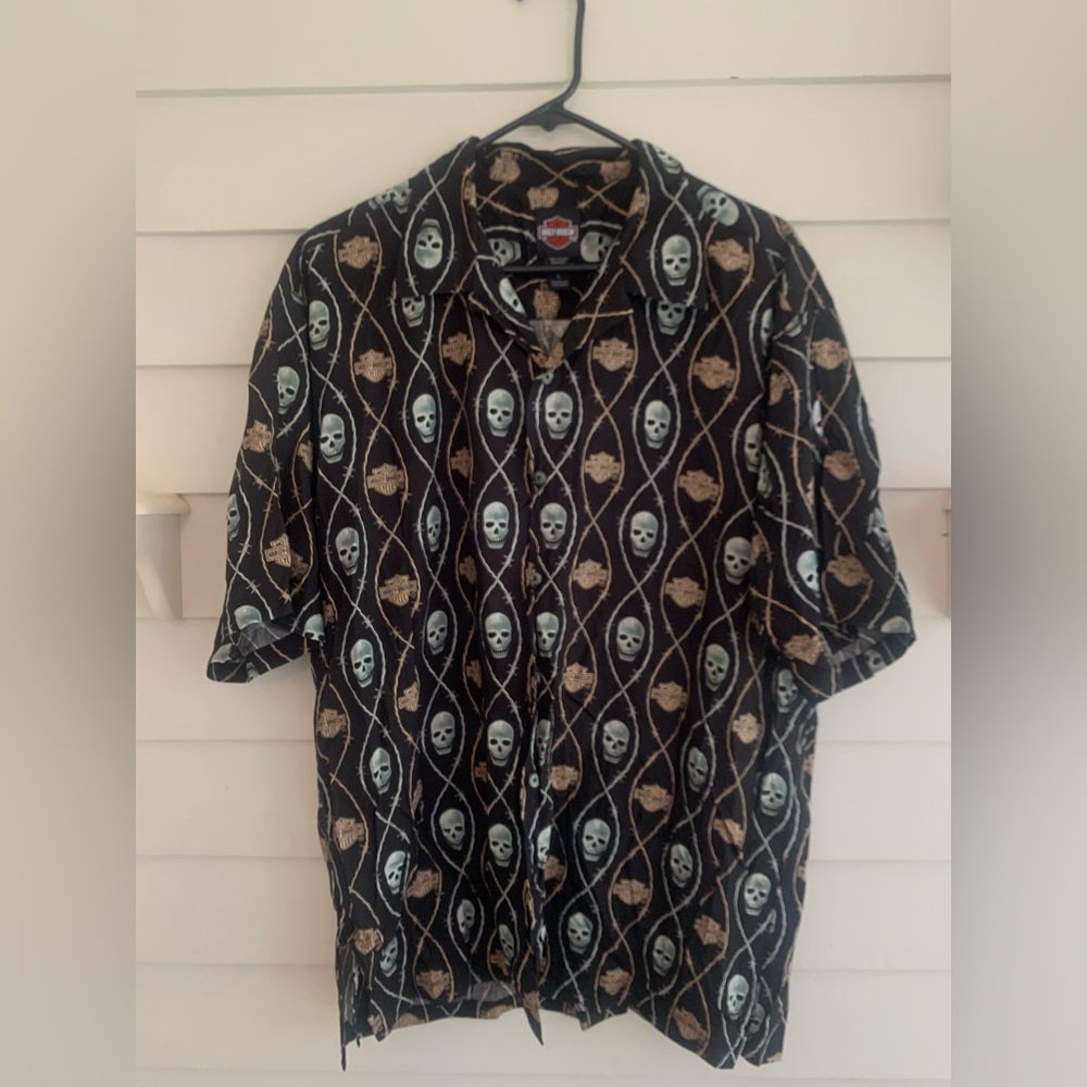Harley Davidson Short Sleeve Button Up Skull Shirt Size Large
